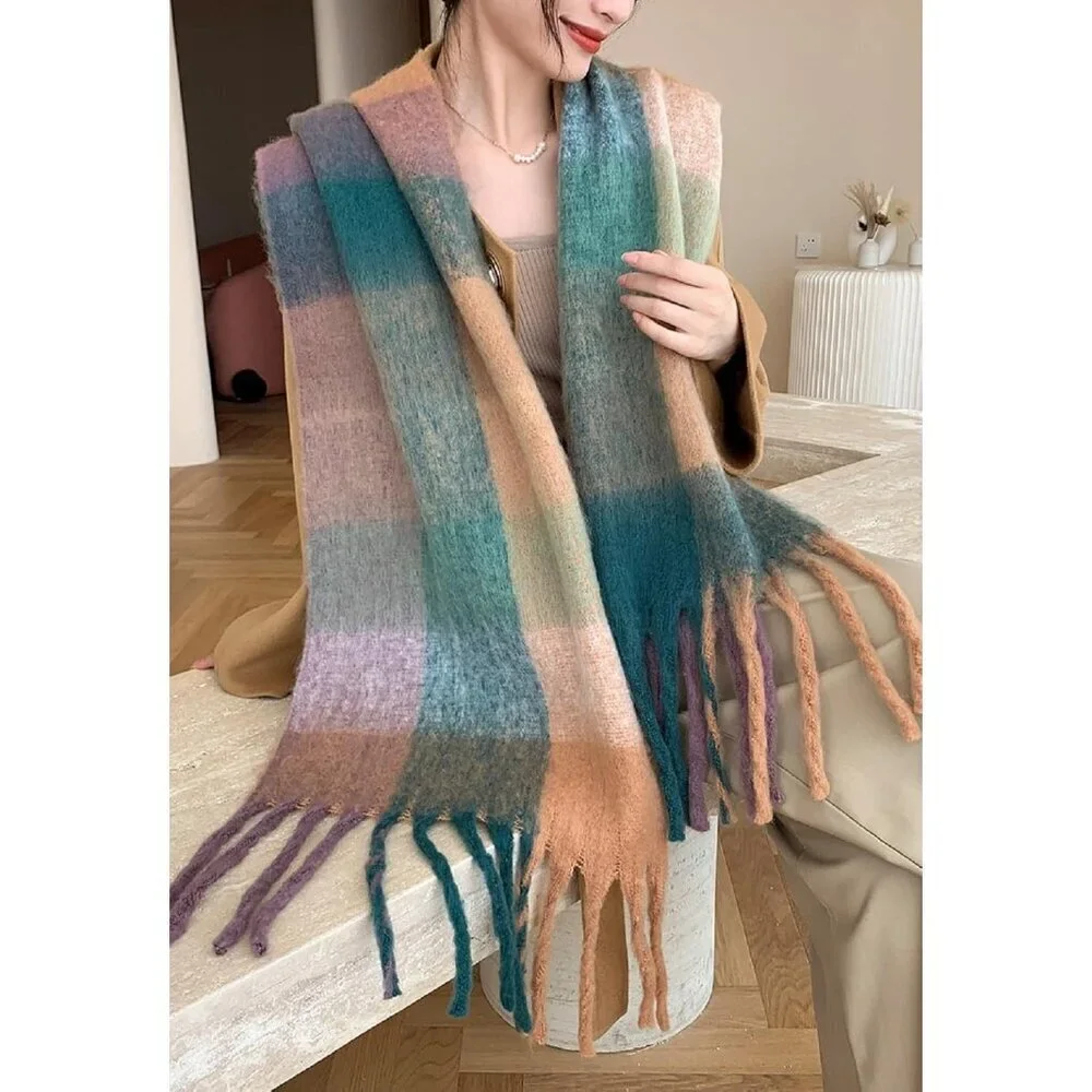 Women's Green Dark Khaki Winter Warm Long Shawl Cold Weather Thick Blanket Scarf